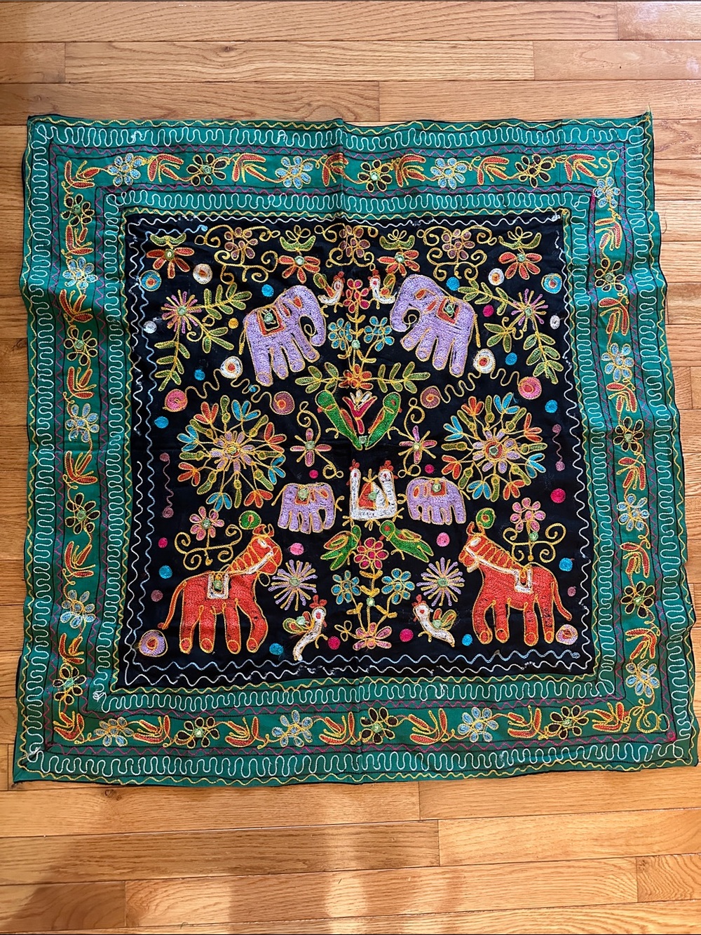 Vintage Bohemian handmade embroidered elephant tapestry wall hanging